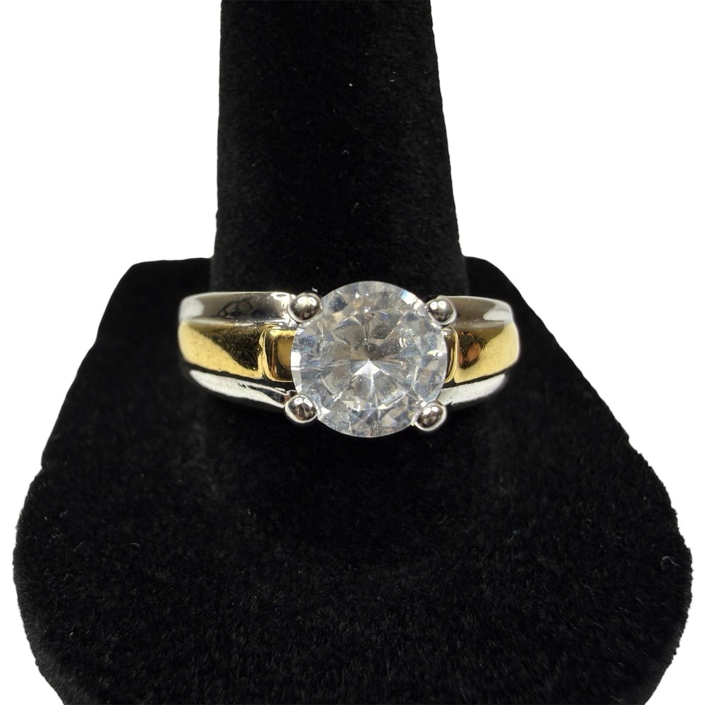 Two-Tone Silver Solitaire Ring Round Clear Crystal Engagement Promisea Size 8.5